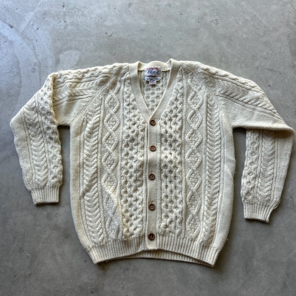 Vintage Tally-Ho Henry Pollak Wool Cable Knit Cardigan Sweater Cream XL